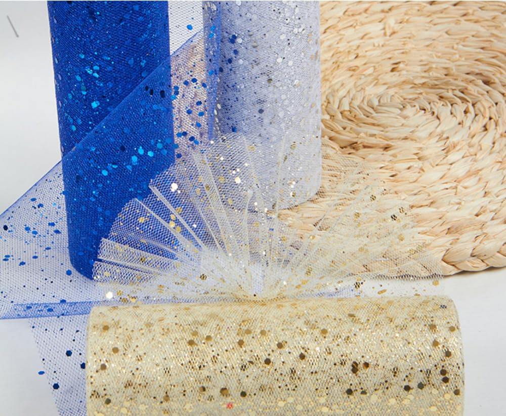 Tule stof, 15 cm x 22 m, glitter, tule, decoratiestof met kleine pailletten, tule band voor banket, decoratie, handwerk, bruiloft, Kerstmis, feestdecoratie (blauw