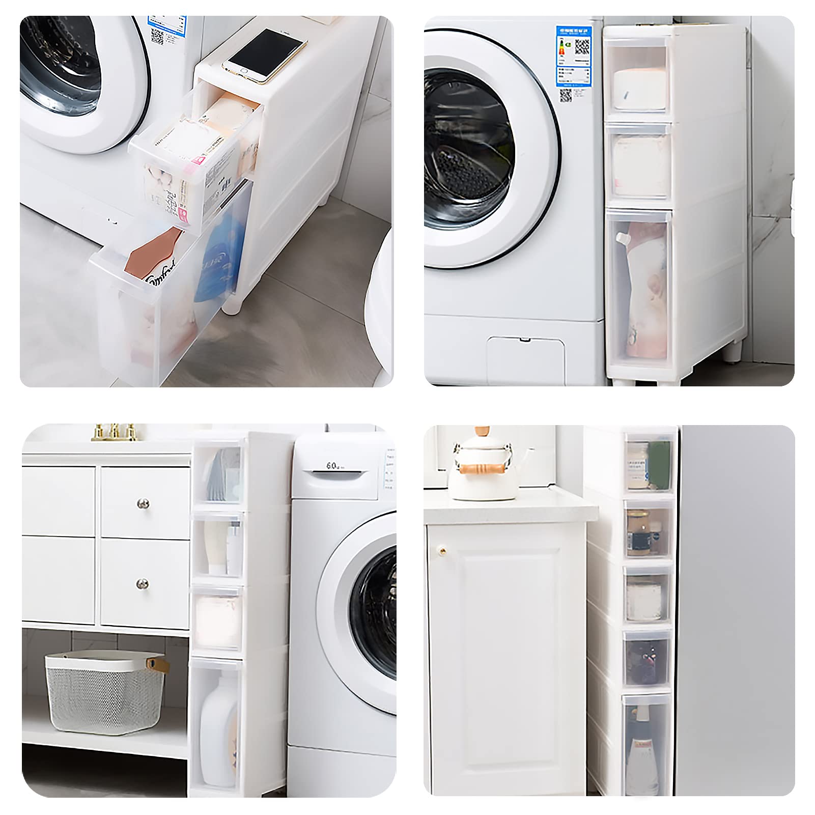 Armadietto da pavimento alto stretto per bagno, cassettiera verticale con 4 cassetti trasparenti e rotelle, carrello sottile autoportante per cassettiera, larghezza 14 cm/22 cm, montaggio