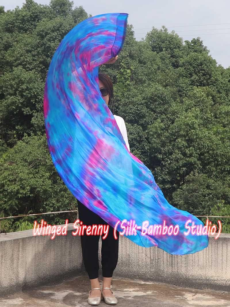 Winged Sirenny 70" Silk Worship Flags with Flex Rods, Handpainted Feather Light Fluid Translucent Silk Banner (Mermaid Dream)