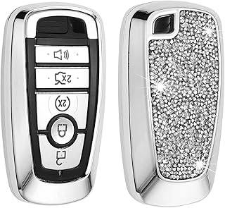 Royalfox 3 4 5 Buttons 3D Bling Diamonds Smart keyless Entry Remote Key Fob case Cover for 2017 2018 Ford Mustang Explorer Edge Fusion F150 F250 F350 F450 F550 (Silver)