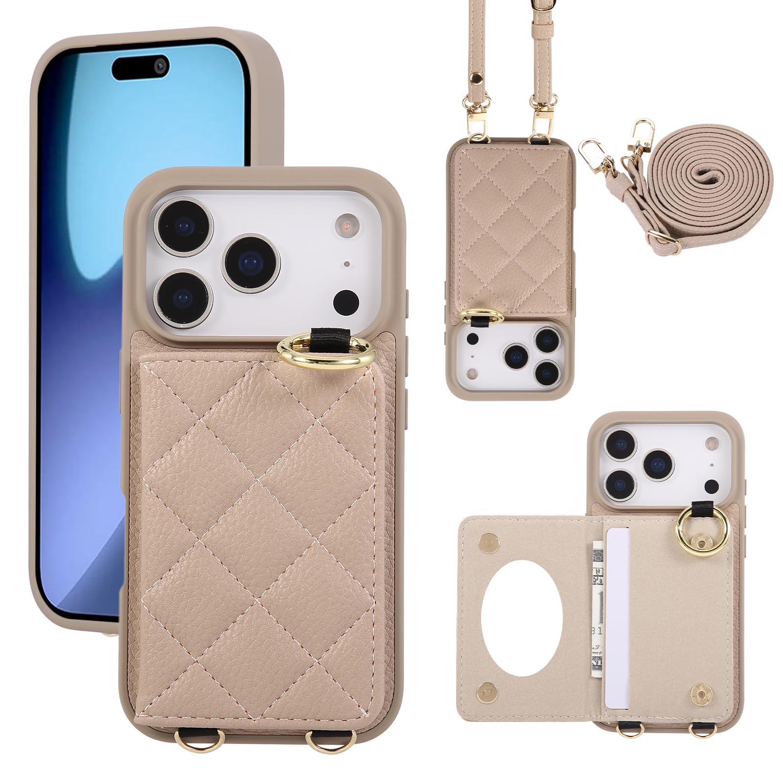 Succtopy ケース 向けの iphone17 Pro ケース 手帳型 ショルダー スマホケース アイフォン17proケース 手帳型 鏡付き 肩がけ 首掛け 斜め掛け ストラップ着脱可 財布付き リング付き 携帯ケース マグネット内臓式 カード収納 可愛いチェック柄 カバー(6.3インチ)カーキ