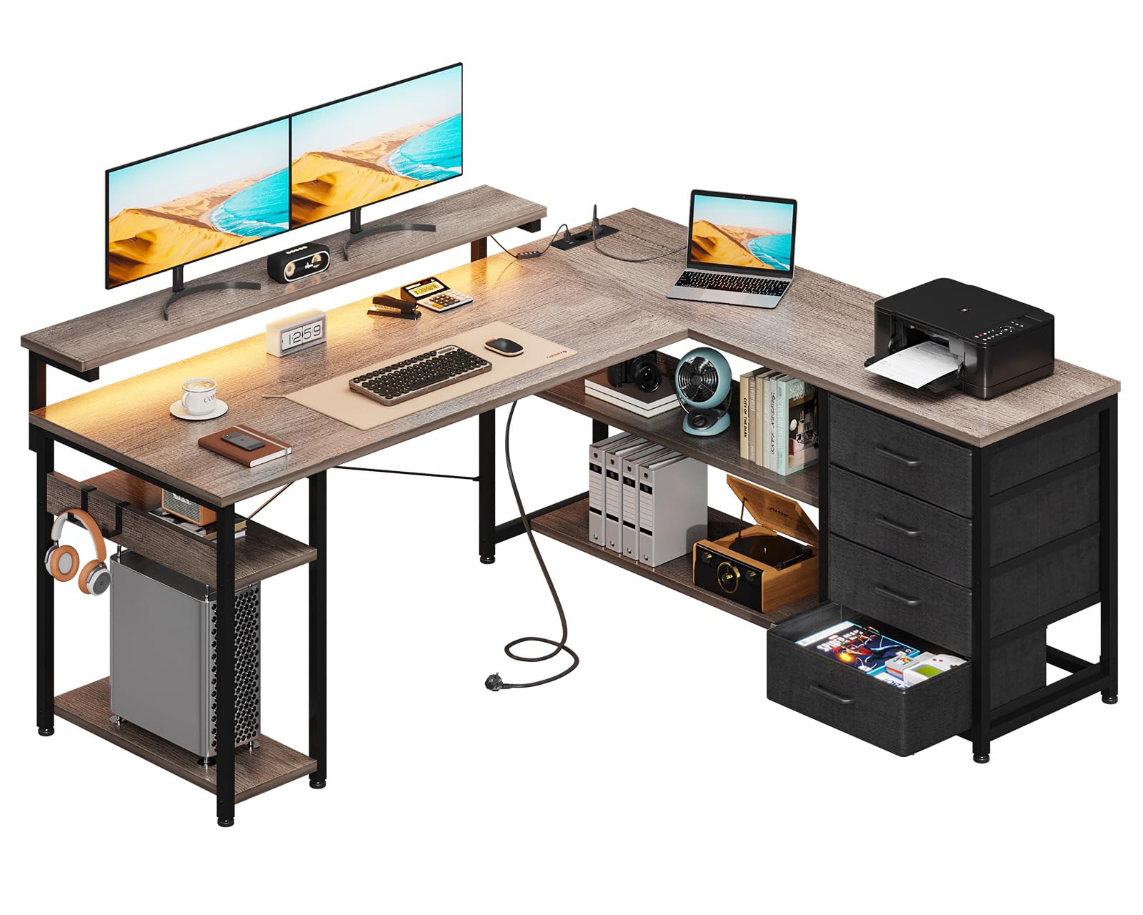 ODK Bureau d'angle Réversible avec Tiroirs, 135x110cm Bureau en L avec Prises, Ports USB, LED et Rangement pour Domicile, Chambre, Roble Gris