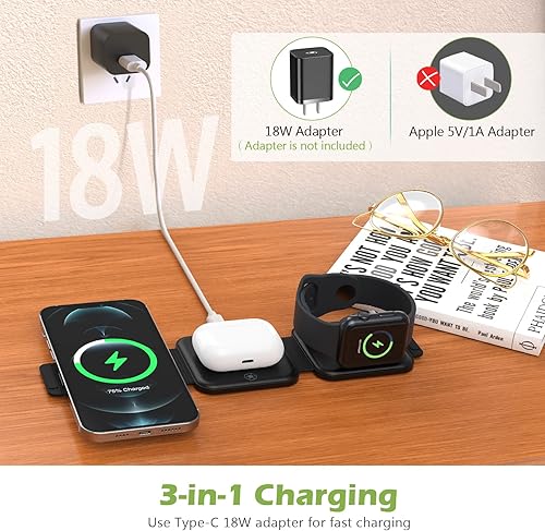 Miniatura 2 de KeeKit Cargador inalámbrico 3 en 1, estación de carga plegable, almohadilla de carga inalámbrica rápida de 15 W, compatible con iPhone 131211,