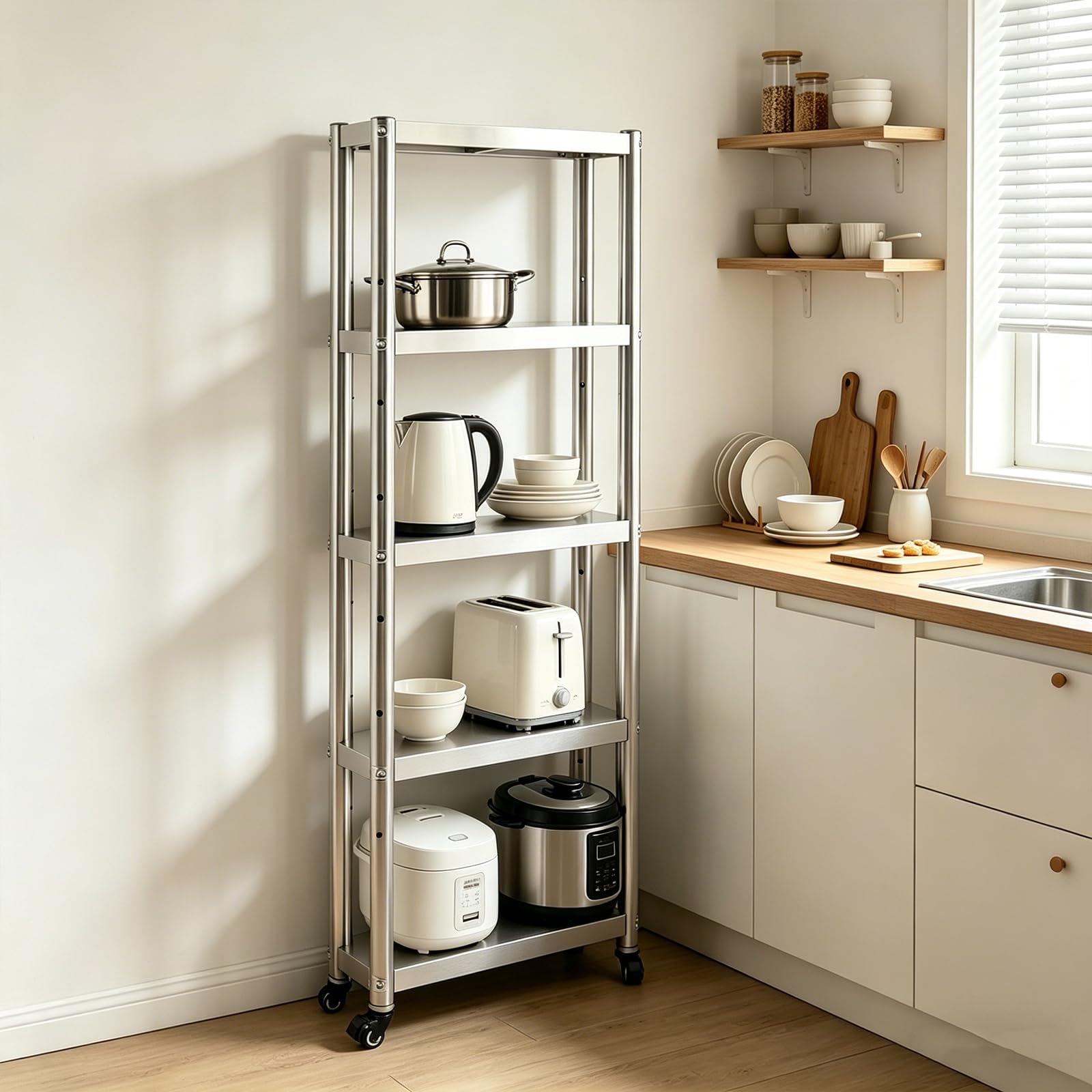 Carrello da cucina a 5 ripiani, sottile, in acciaio inox, con ruote