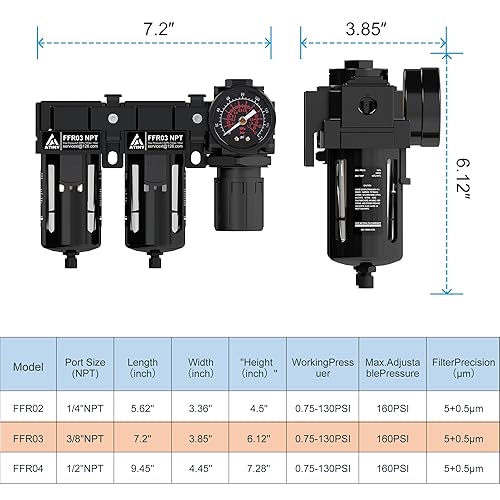 Miniatura 7 de ATINY Regulador de filtro de aire doble de 38 "con manómetro, sistema de secado de aire con separador de agua de filtro de 5 & 0.5 , drenaje