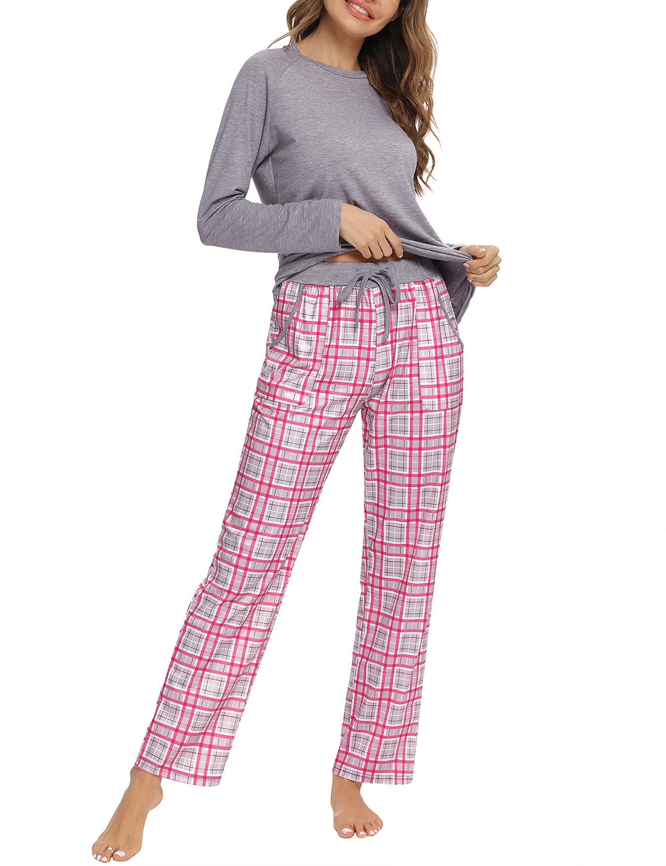 Uniexcosm Pigiama Donna, Pigiama a Quadri Donna Lungo Pigiama da Donna Cotone Leggero con Girocollo Pigiama 2 Pezzi Donna con Tasca Sciolto Accogliente per Casa e Casuale