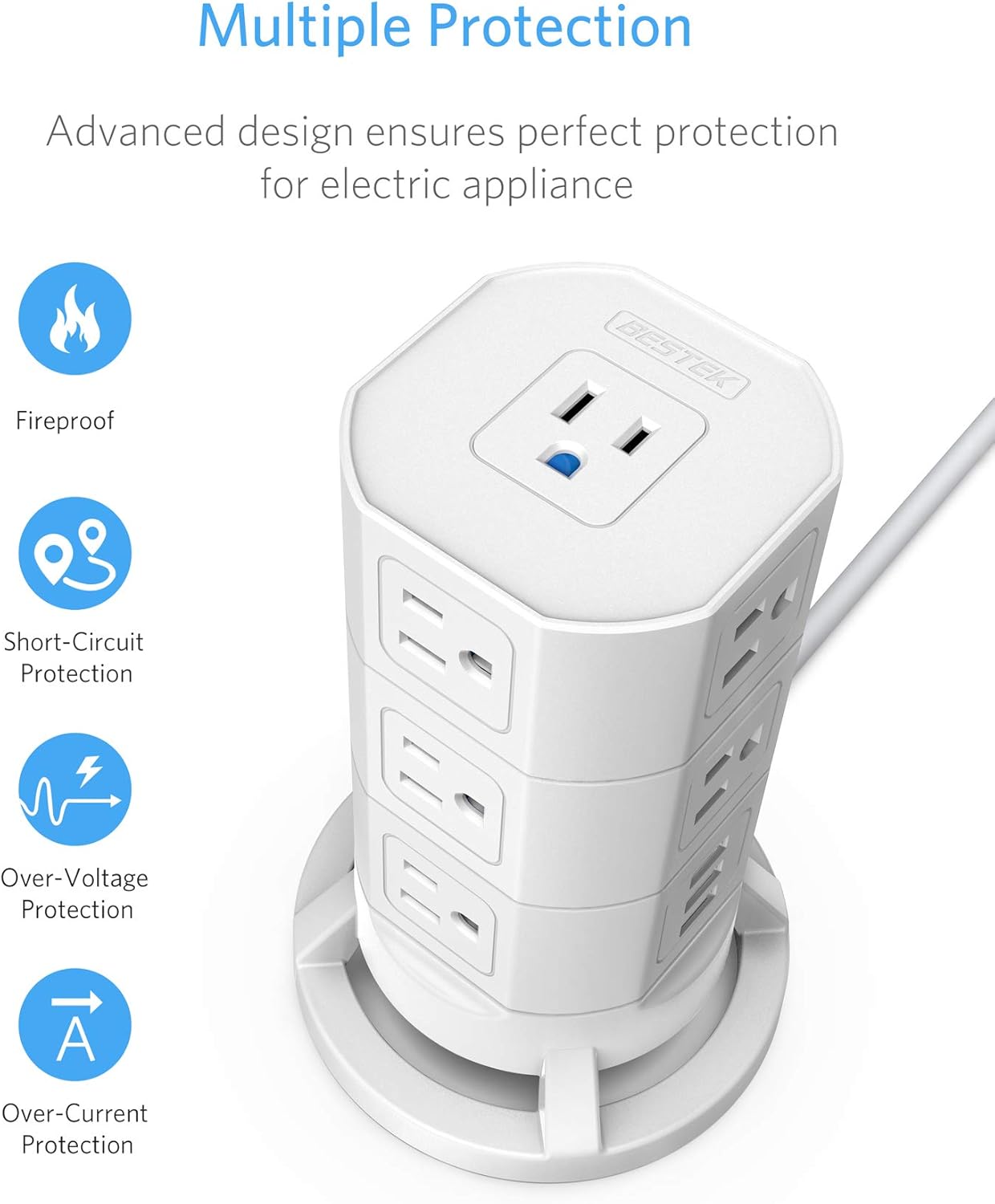 BESTEK 12 Outlets Power Strip Tower with 3 USB Ports Stackable Design ...