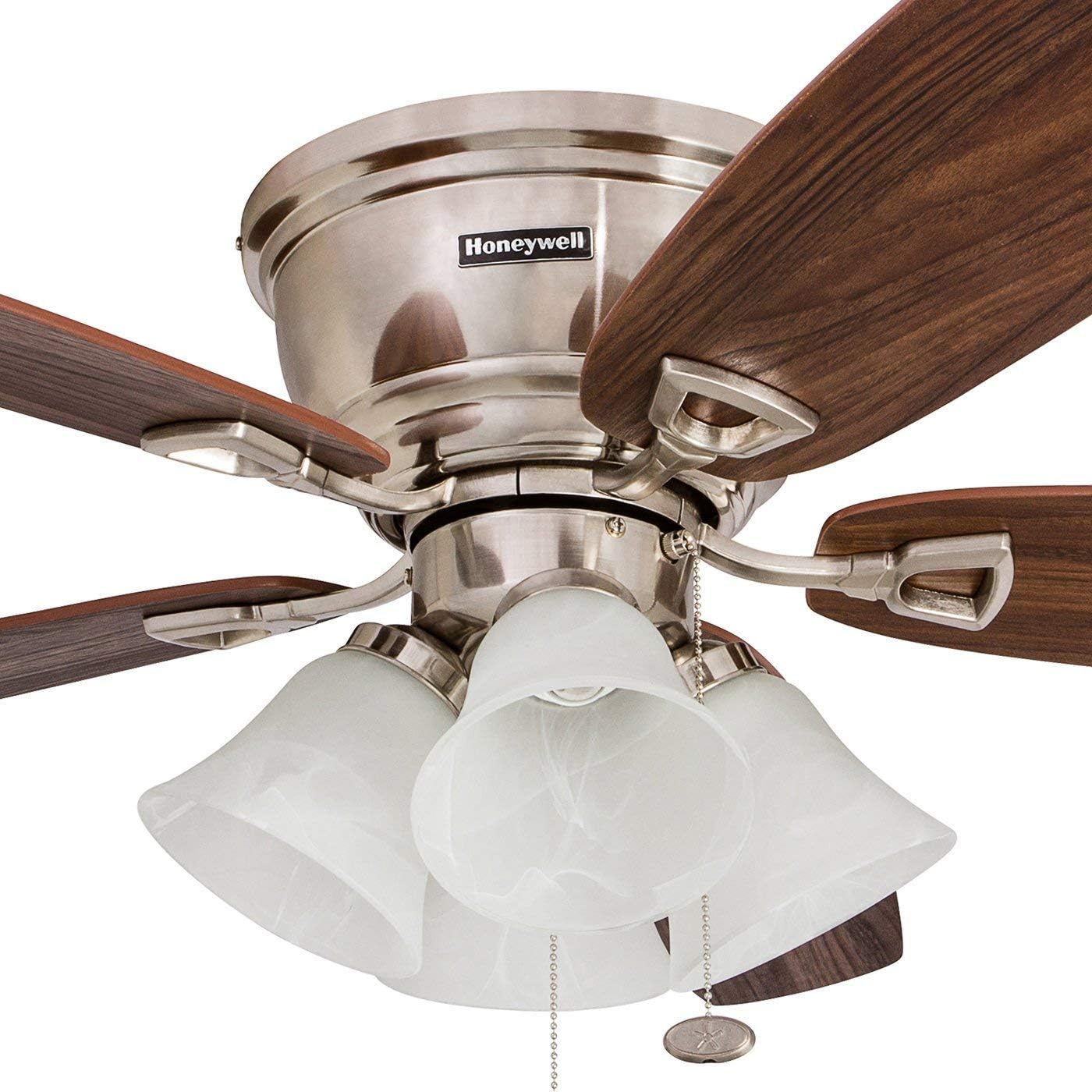 Brushed Nickel 52-Inch Flush Mount Ceiling Fan with Wood Blades