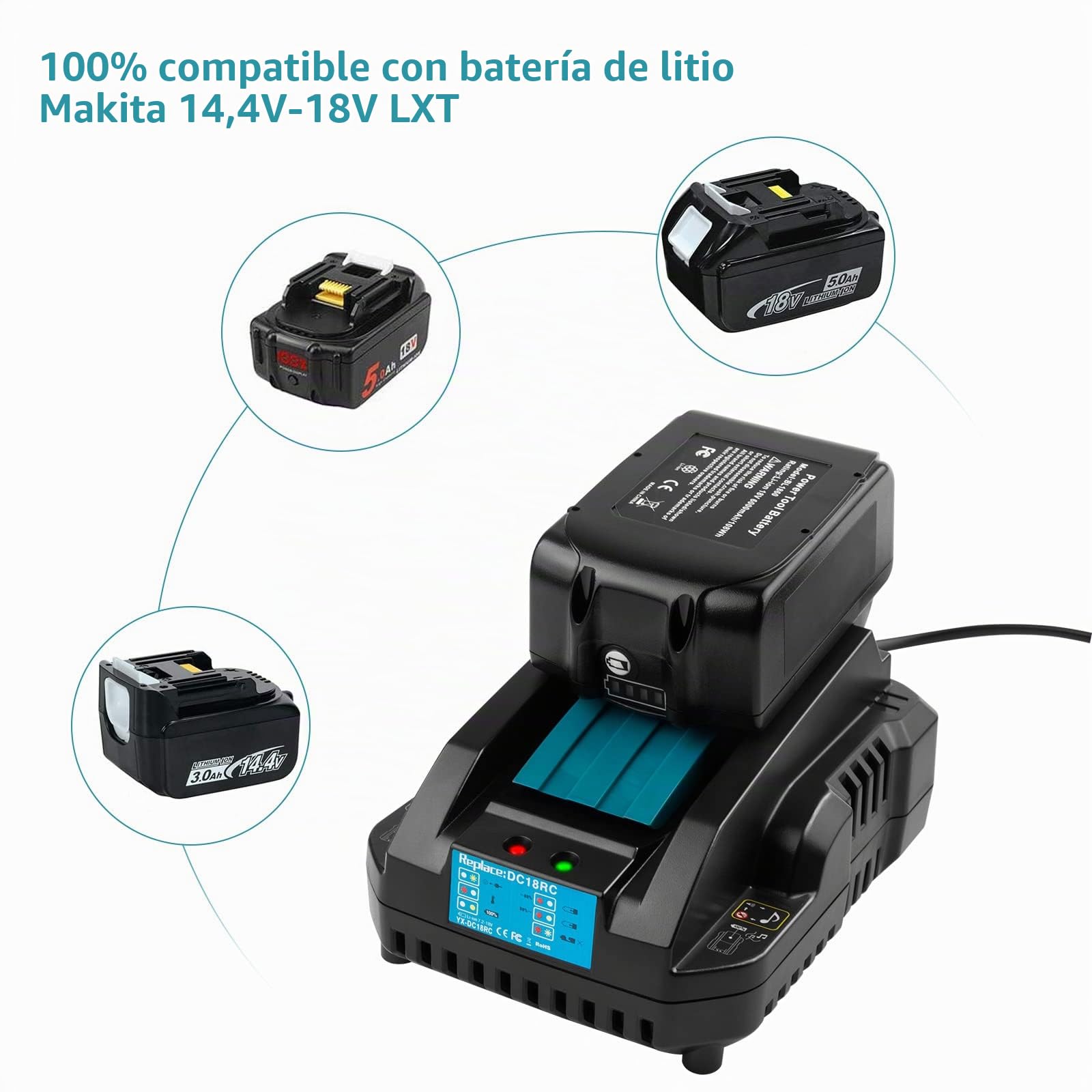 ASUNCELL 4A DC18RC cargador rápido compatible con Makita 14,4V-18V Li-Ion batería de repuesto BL1815 BL1830 BL1840 BL1850 BL1860 BL1890 BL1415 BL1430 BL1440