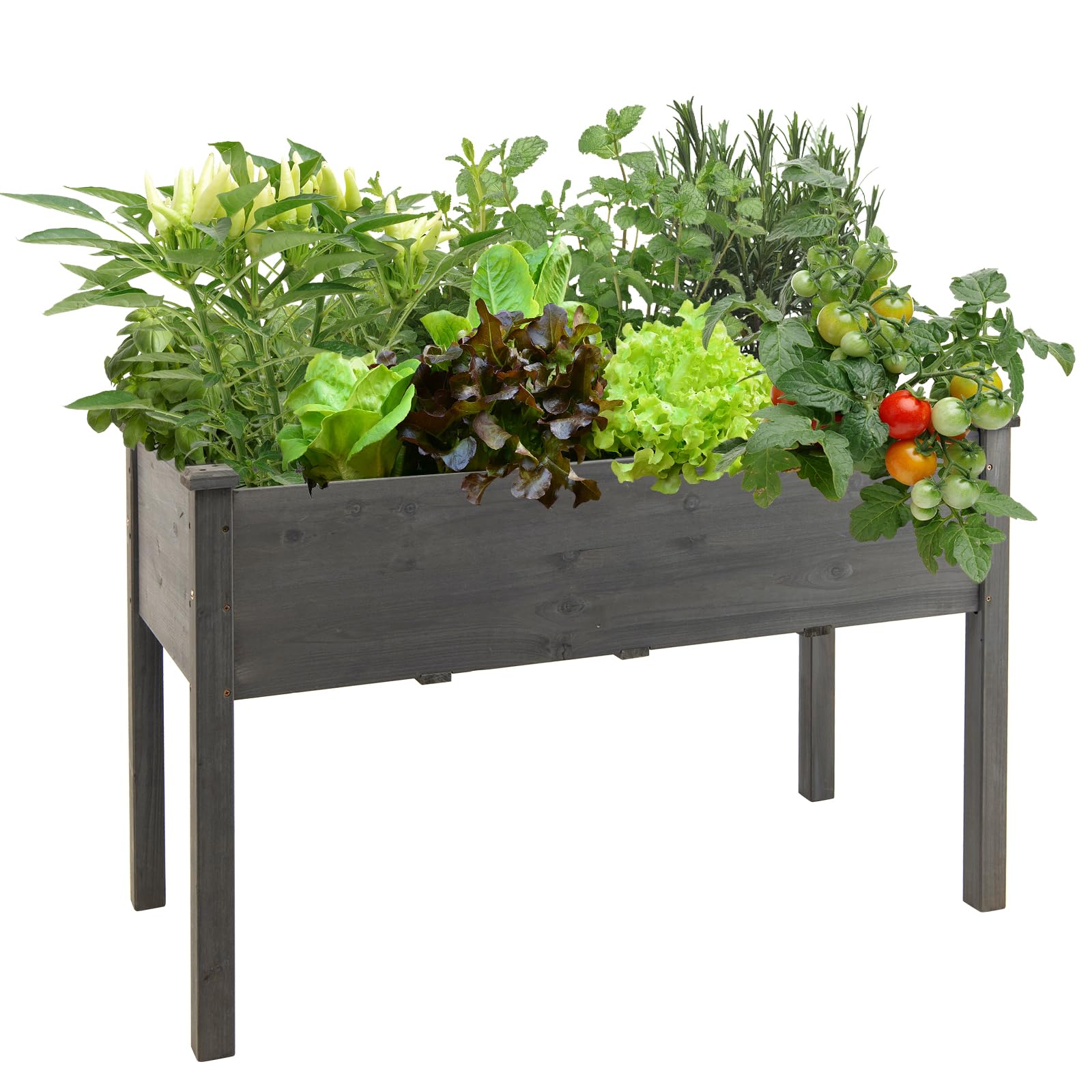 HOMASIS Huerto Urbano de Madera Abeto con Estante, Jardinera Elevada Terraza Exterior con Orificio de Drenaje, Compartimento de Almacenamiento, para Jardín, Balcón (Gris)