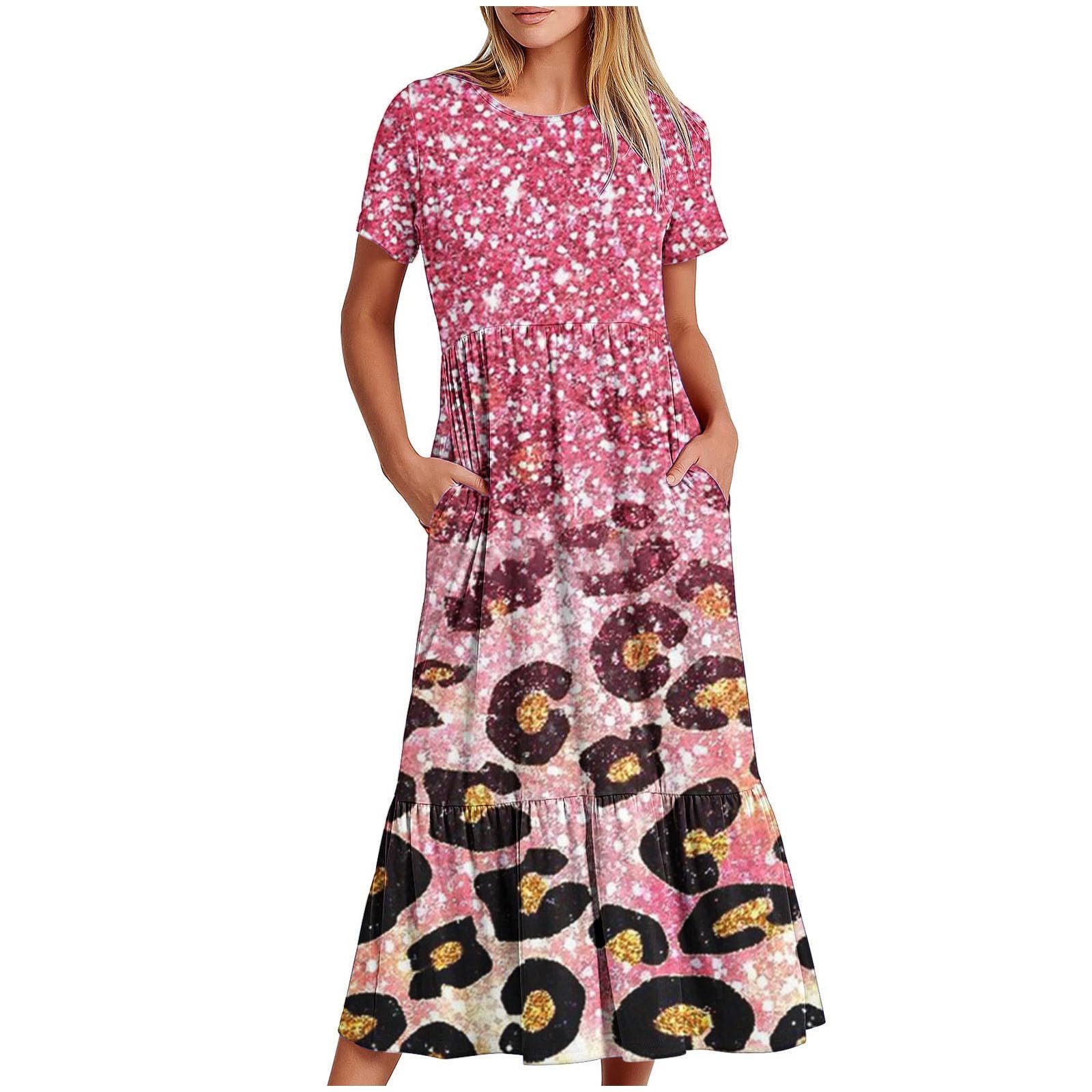 Womens Summer Short Sleeve Shirt Dress Floral Printed Hawaiian Beach Maxi Dress Flowy Long Dress with Pockets