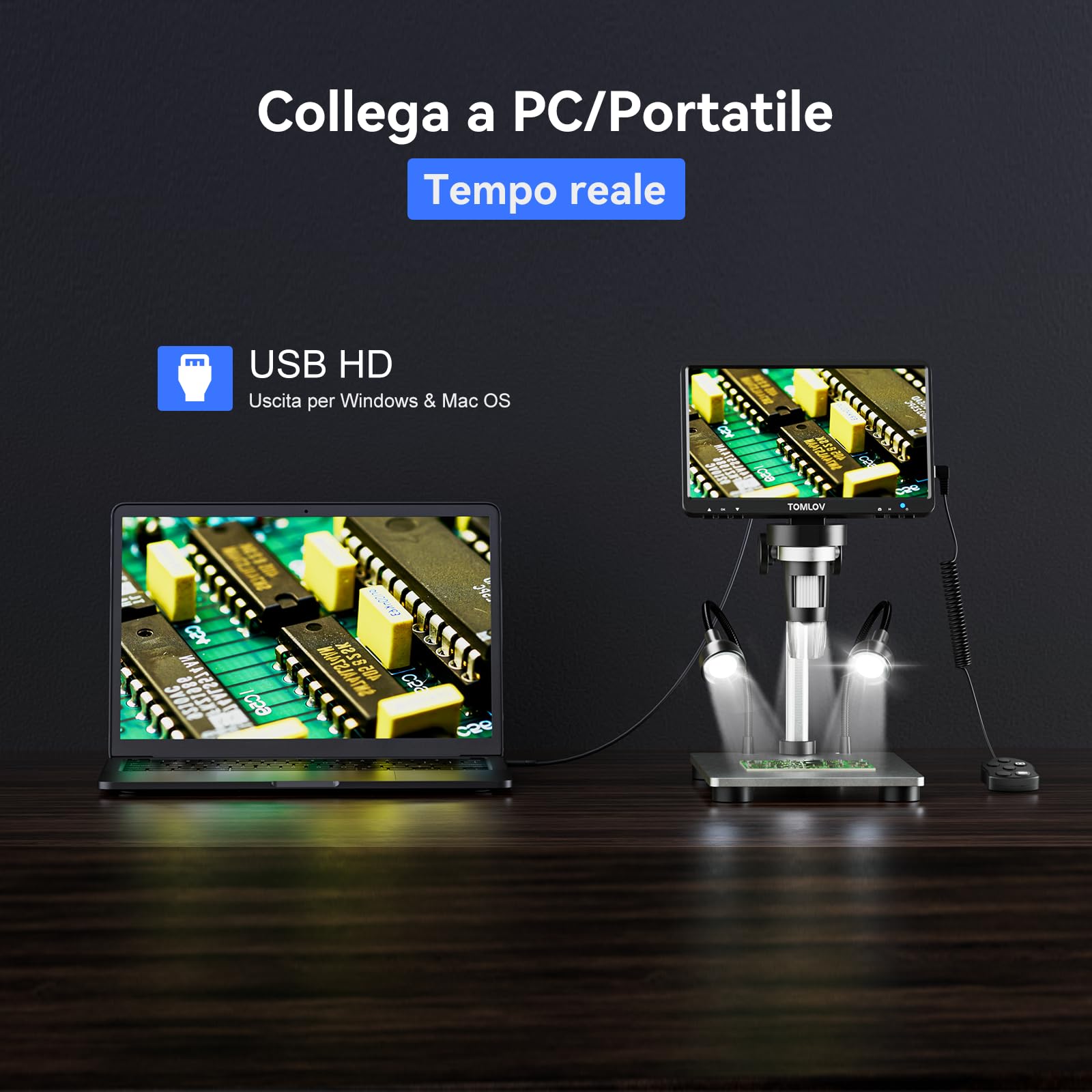TOMLOV DM9 7" LCD Microscopio Digitale 1200X, Fotocamera 1080P da 12MP per Monete e Saldatura, Regalo per Adulti, con Supporto Metallo, Luce Regolabile, Compatibile PC/Windows/Mac OS, 32GB