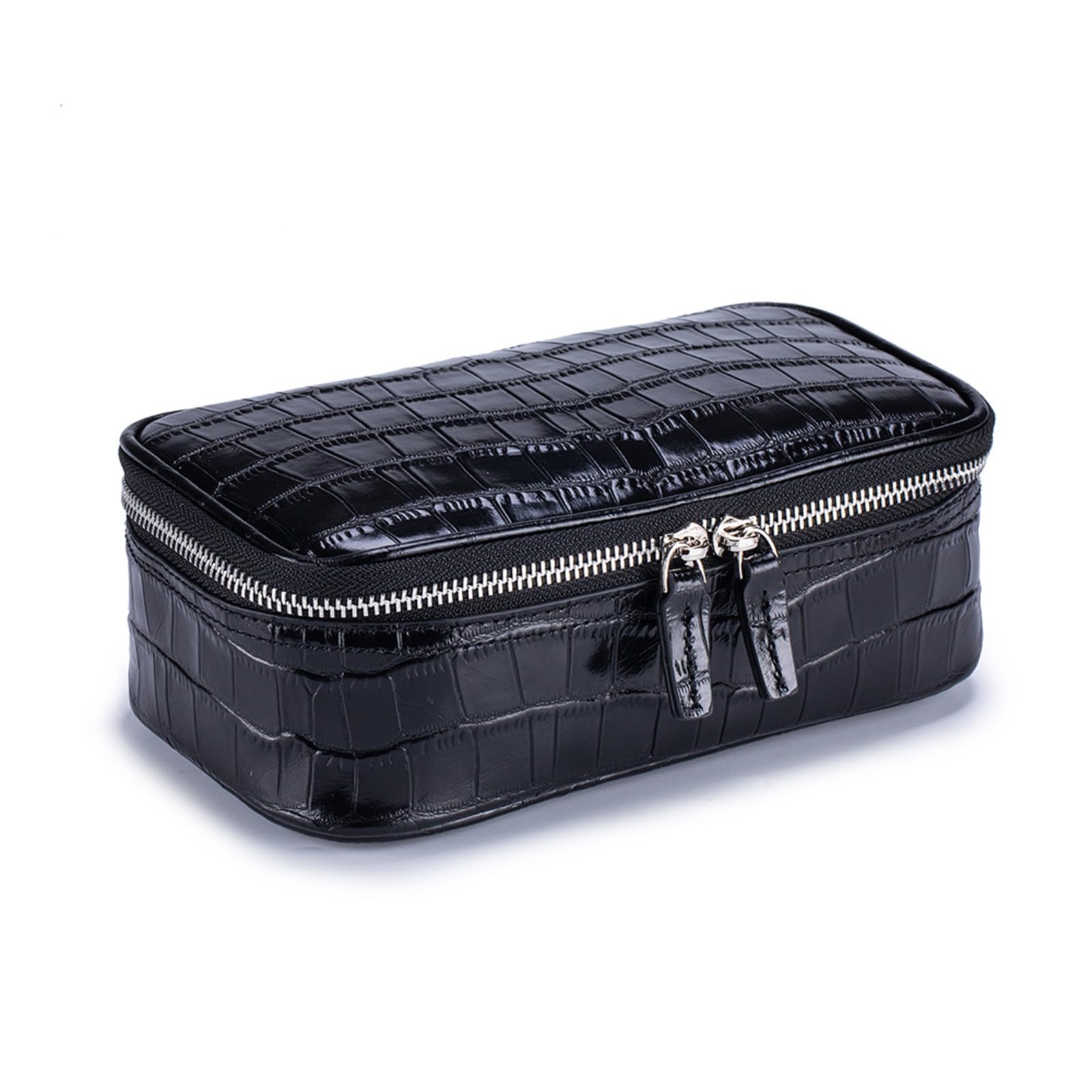 Beauty case da donna in vera pelle, con stampa a coccodrillo, grande capacità, portatile, con cerniera, impermeabile, per uso quotidiano e in viaggio, Nero , Custodia da viaggio per pennelli da trucco