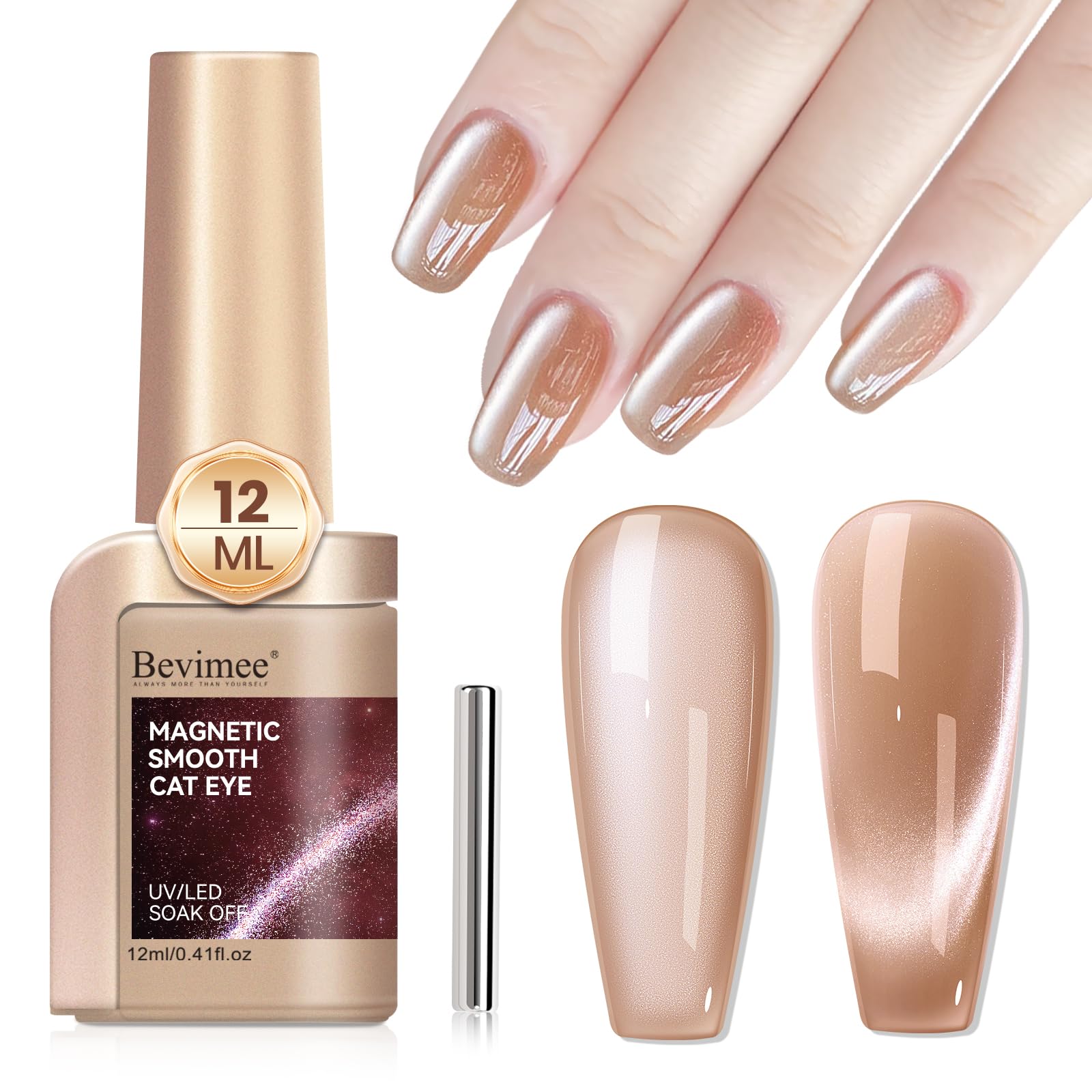 Bevimee Moonlight Cat Eye Nail Polish 12ML, Crystal Nude High Gloss Cateye Gel Polish Nail Magnetic Glitter Holographic Nail Polish Glass Diamond Cats