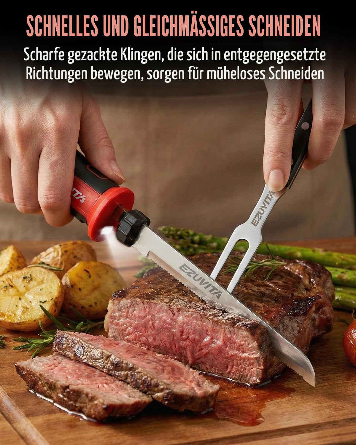 Elektromesser, Kabelloses Küchenmesser mit 2 Edelstahlklingen, 2000-mAh-Akku, Rot