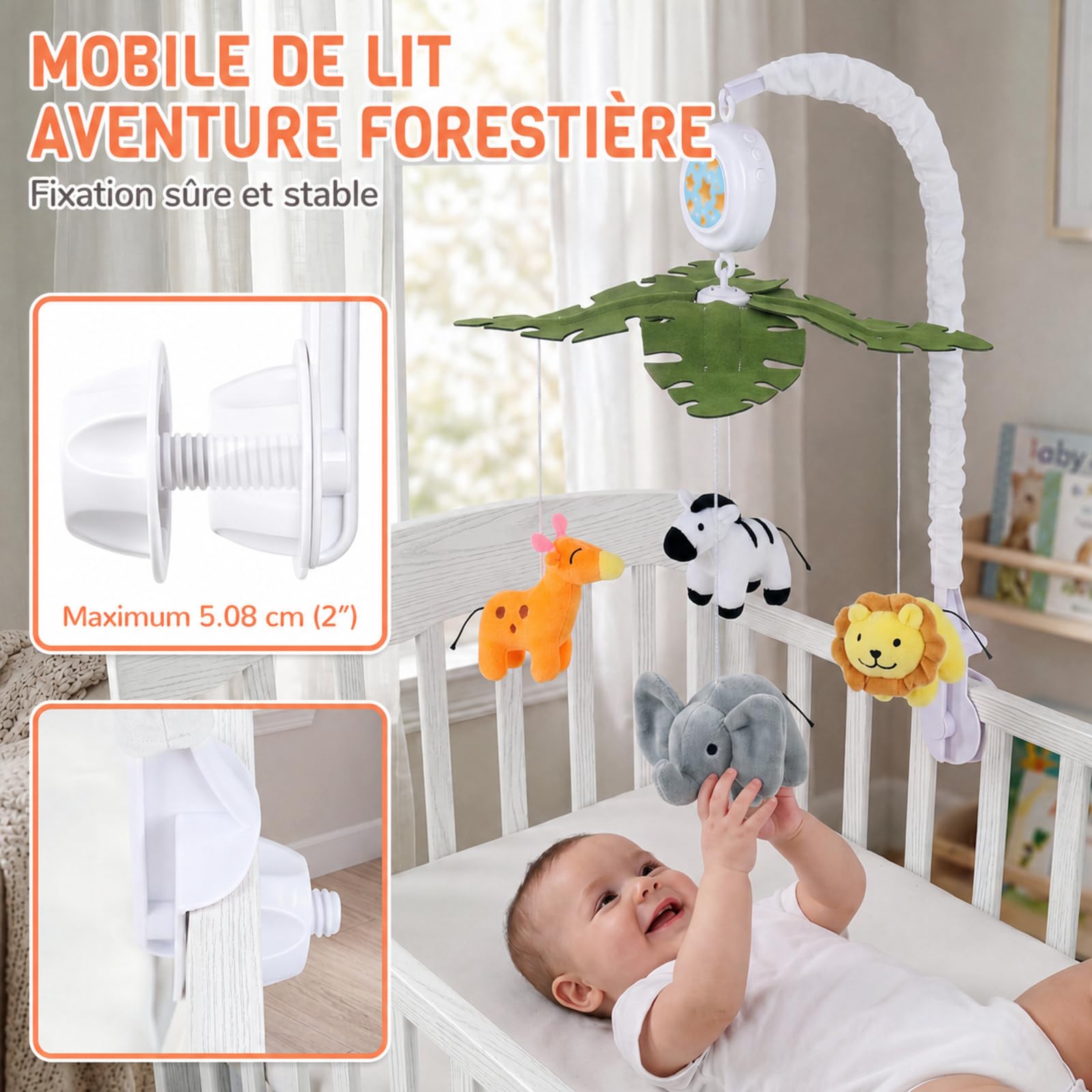 Orzbow Mobile bébé avec musique et lumière, blanc | Lit bébé mobile avec minuterie projecteur et télécommande, installation facile, mobile bébé pour lit pour garçons et filles