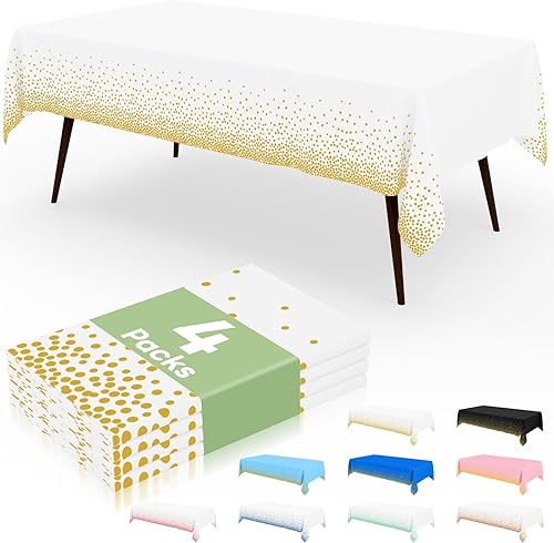 misaya Paquete de 4 manteles desechables de lunares, mantel de plástico impermeable de 54 x 108 pulgadas, lunares dorados rectangulares en blanco