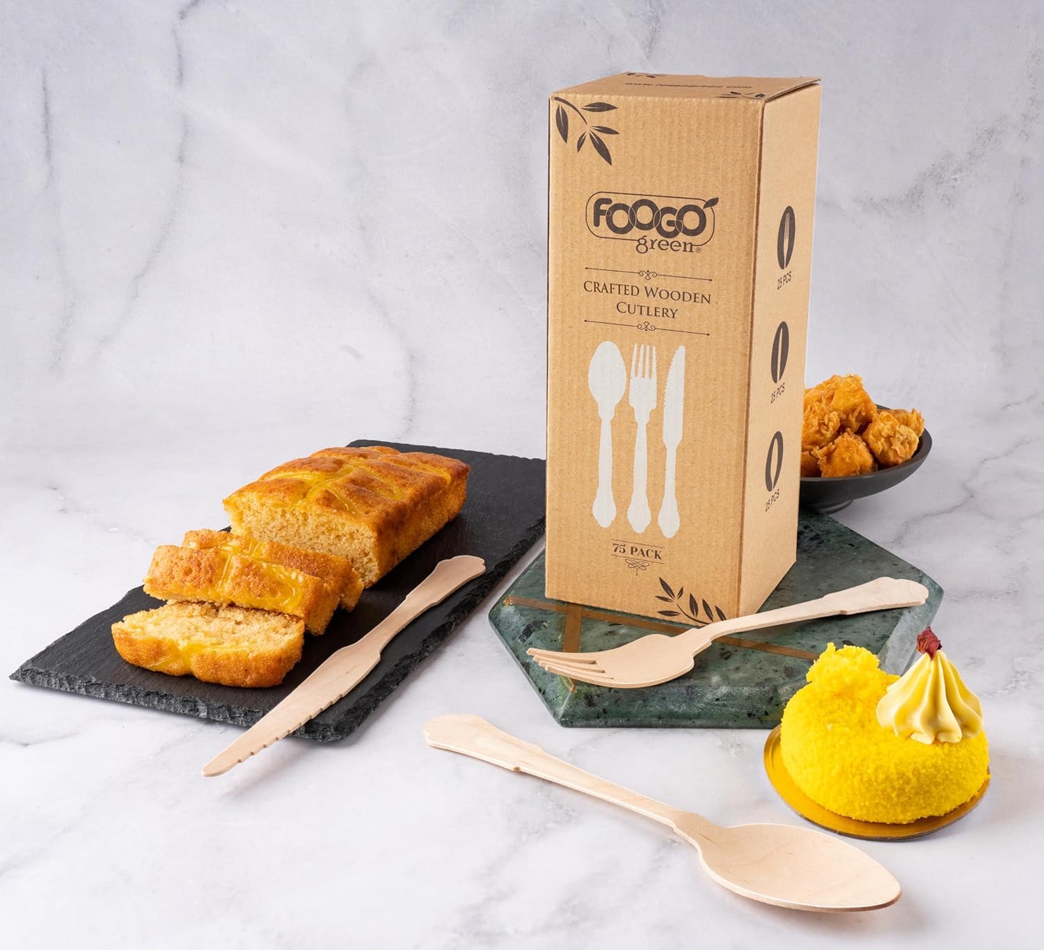 FOOGO Green Set di 600 Posate Monouso in Legno, Certificate FSC®, 25 Forchette, 25 Cucchiai, 25 Coltelli, 16 cm, Compostabili, Set di Posate, Picnic, Set di Posate in Bambù per Aperitivi, Stuzzichini