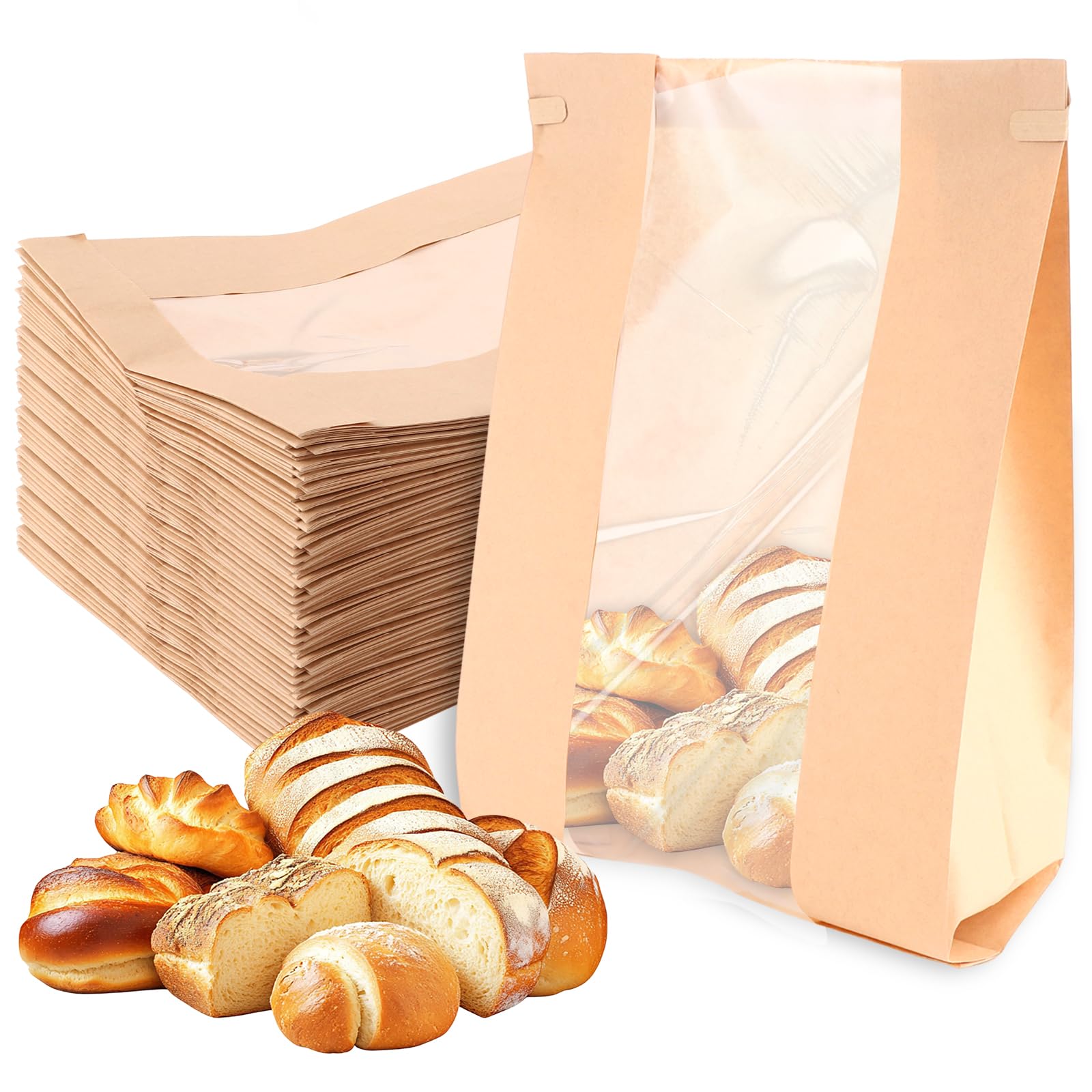 STARVAST Brottüten Papier Groß Bäcker (100er-Pack) - Lebensmittelechte Braune Papiertüten mit Fenster - Papiertüten Braun für Hausgemachtes Brot, Sauerteig, Laib, Kekse, Geschenke - 21 x 9 x 35 cm