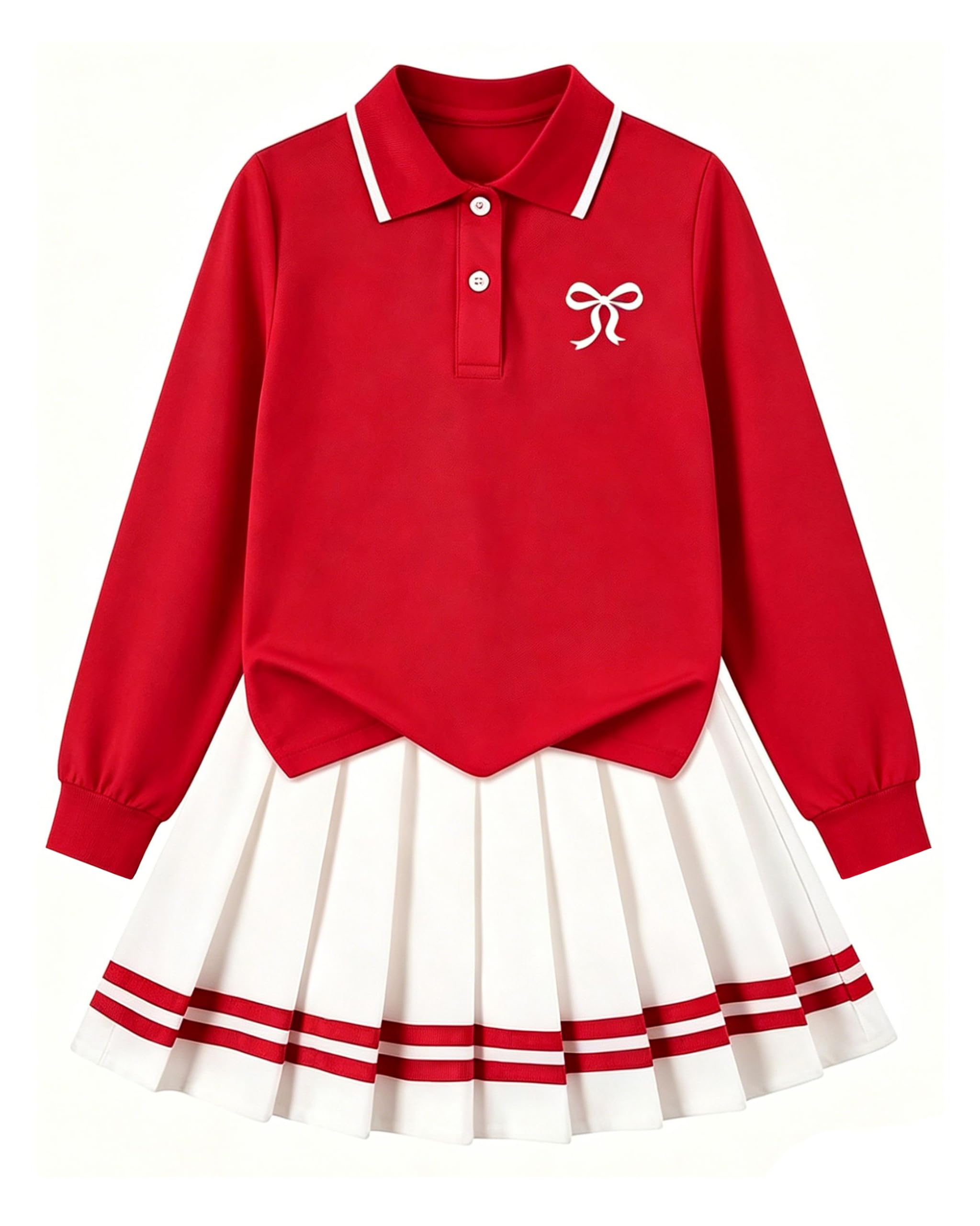 Betusline Girls Skirt Set Long Sleeve Polo &amp; Pleated Skirt, 4-14Y