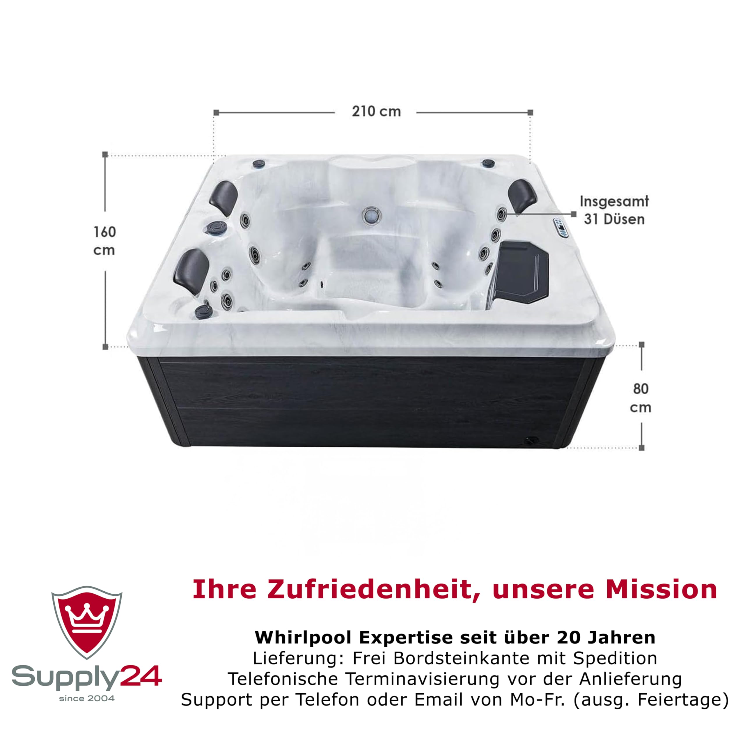 Luxus Outdoor Whirlpool Berlin (Weiß) – 210x160 cm – mit 31 Massagedüsen, Heizung, Ozon, LED – Hot Tub für 2–3 Personen – Winterfest – Garten & Terrasse