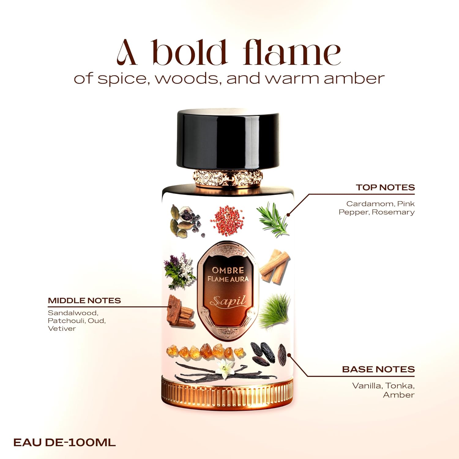 Sapil Ombre Flame Aura Eau de Parfum – Long Lasting Unisex Spicy Woody Perfume | Cardamom, Oud & Amber Notes | Warm Smoky Signature Fragrance | 3.4 oz / 100ml - Image 2