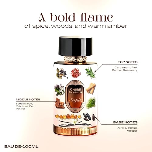 Miniatura 2 de Sapil Ombre Flame Aura Eau De Parfum Unisex  Oud especiado, vainilla, tonka y ámbar  Perfume de madera cálido de larga duración, 3.38 onzas
