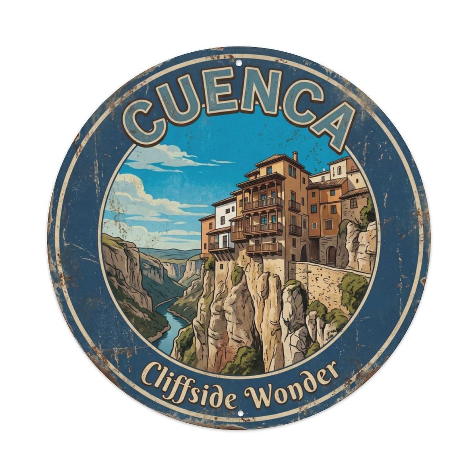 Vintage Travel Cliffside Spain Cuenca Metal Tin Sign Plaque Wall Decor for Cafe, Club Bar, Office, Home Garden Round Metal Poster 8x8Inch
