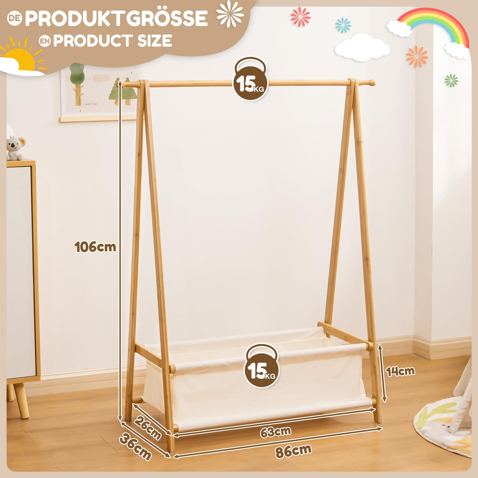 Yorbay Perchero para Ropa de Niños con Caja de Almacenaje, Perchero para Vestir, Perchero para Ropa de Niños con Varillas para Colgar, Pequeño y Plegable, Bambú
