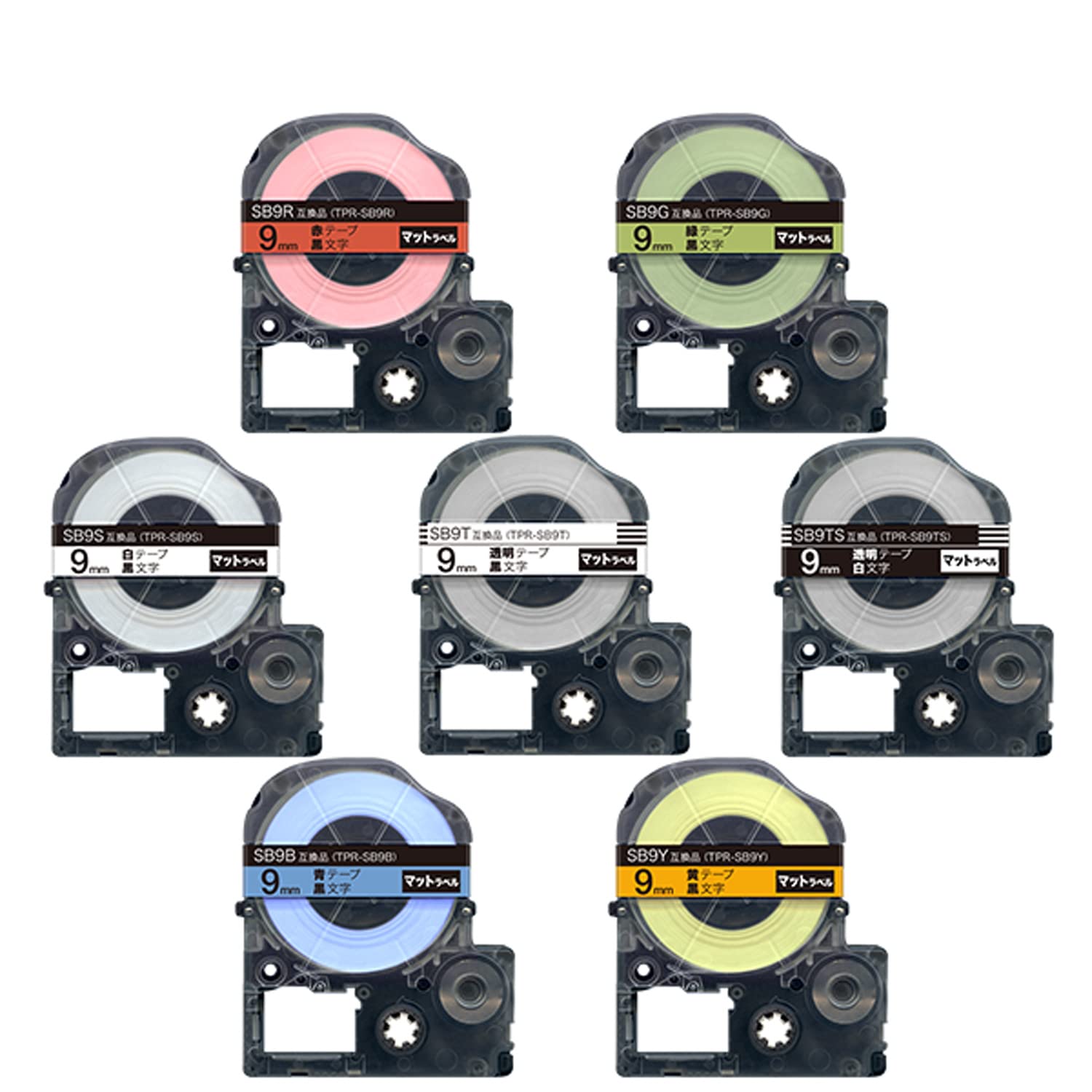 King Jim Compatible Tepra PRO Tape Cartridges SB9 0.35 inches (9 mm) Matte Label Strong Adhesive 7-Color Set
