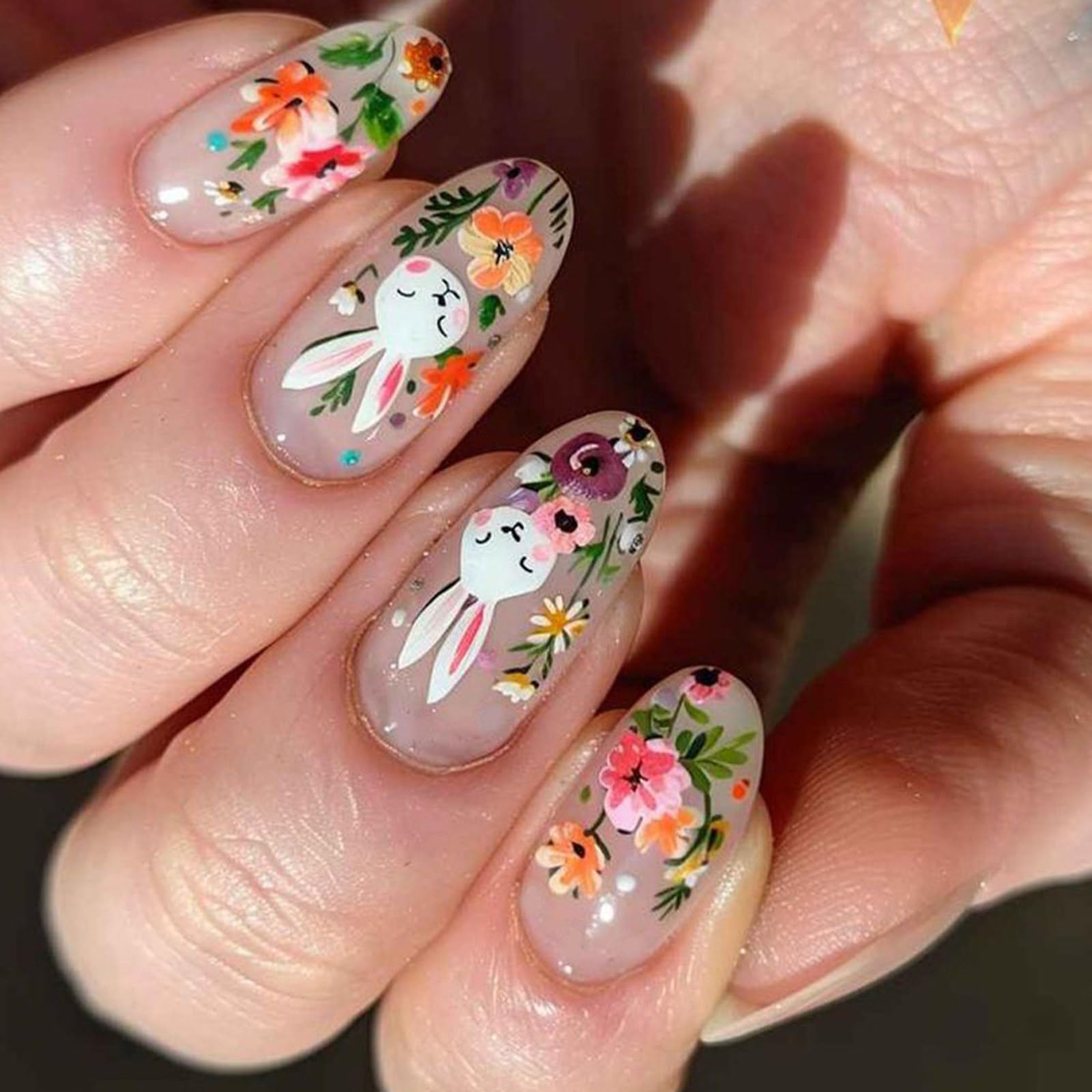 24pcs Pasqua Press On Nails Acrilico Lucido Unghie Finte Con Fiori Disegni Stick On Unghie Per Donne E Ragazze Manicure