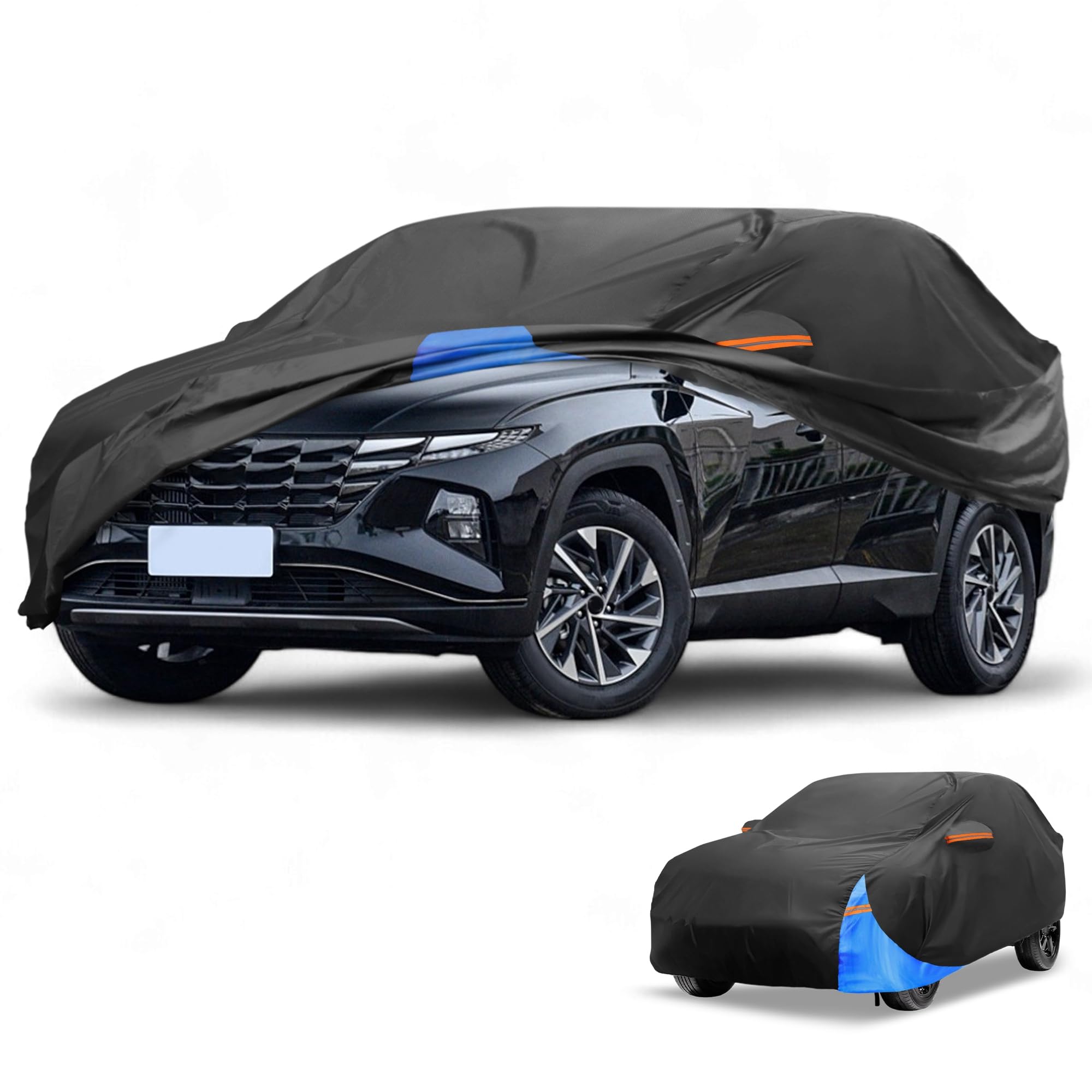 Wodoodporny pokrowiec samochodowy na każdą pogodę - odporny na promieniowanie UV zewnętrzna pełna ochrona zewnętrzna do Hyundai Tucson 210D-PU czarny niebieski z prawym bocznym zamkiem błyskawicznym