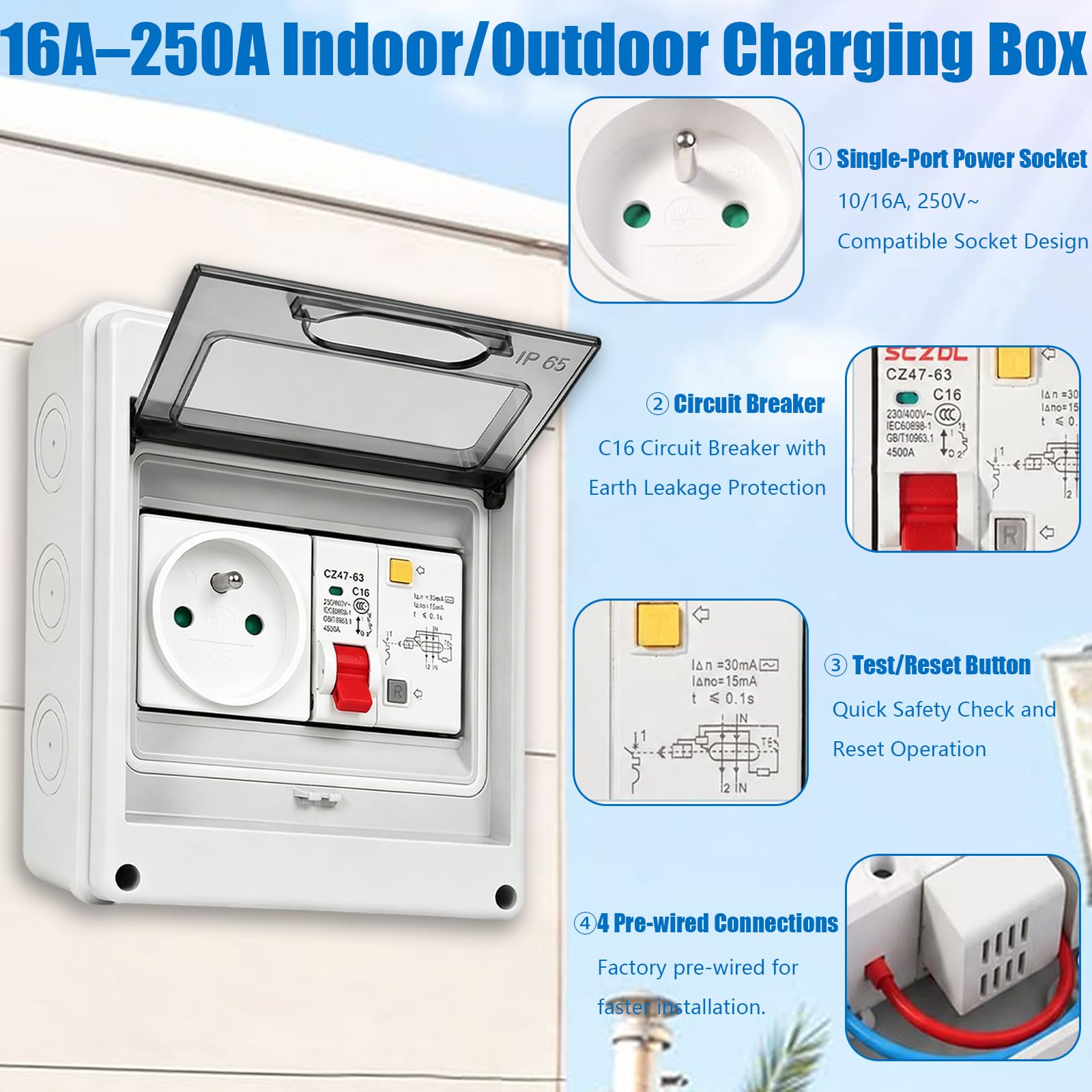 Scatola presa, con interruttore differenziale (FI), presa Schuko, 16A 250V, montaggio a parete e a superficie, distribuzione elettrica sicura per uso domestico e piccoli spazi esterni