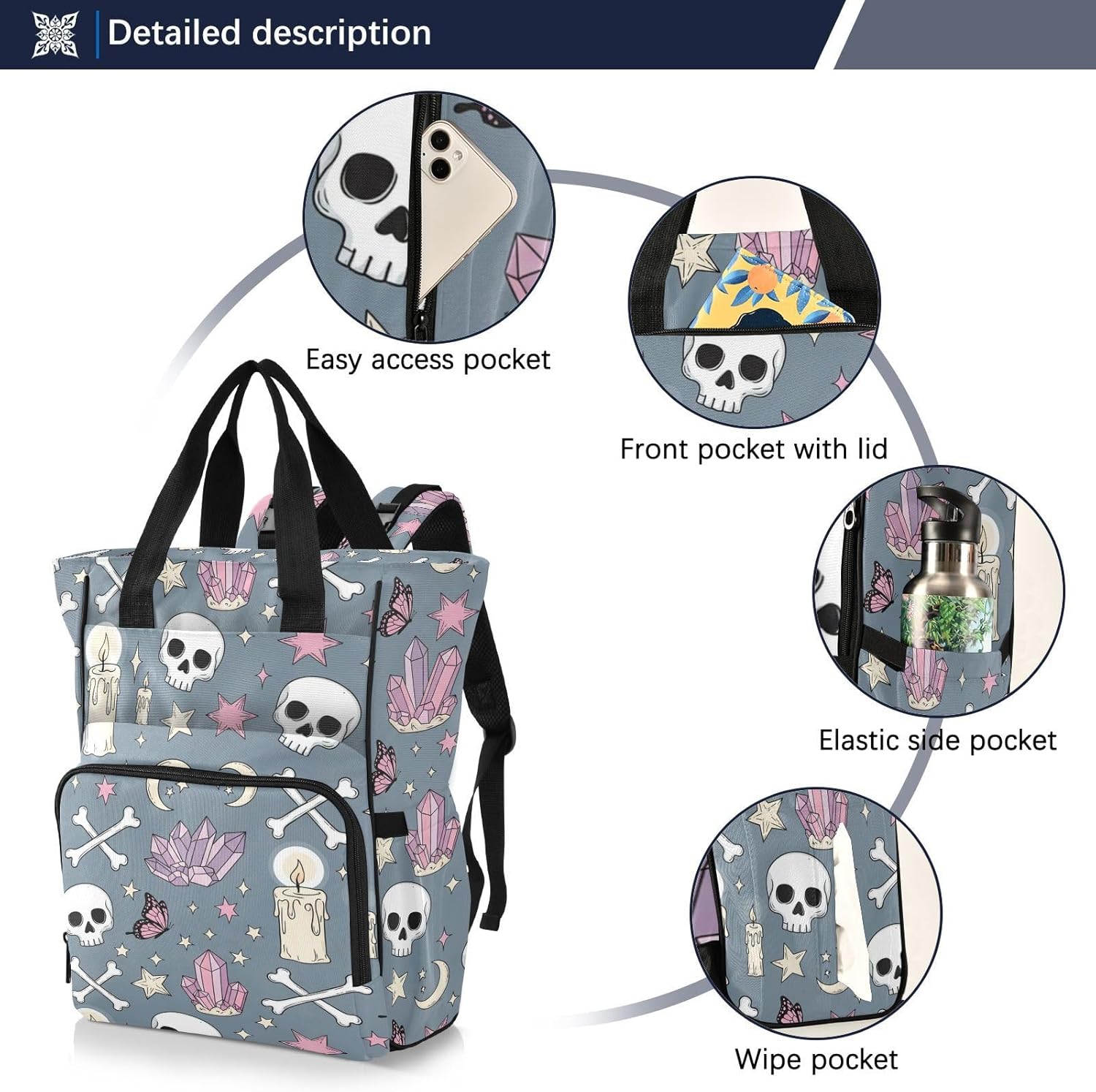 Gothic Skulls Stars Gray Pattern Diaper Bag Backpack for Baby Boys Girls Multifunction Baby Essentials Travel Tote with Stroller Straps & Bottle Storage Maternity Travel Bag for Baby Shower Gifts