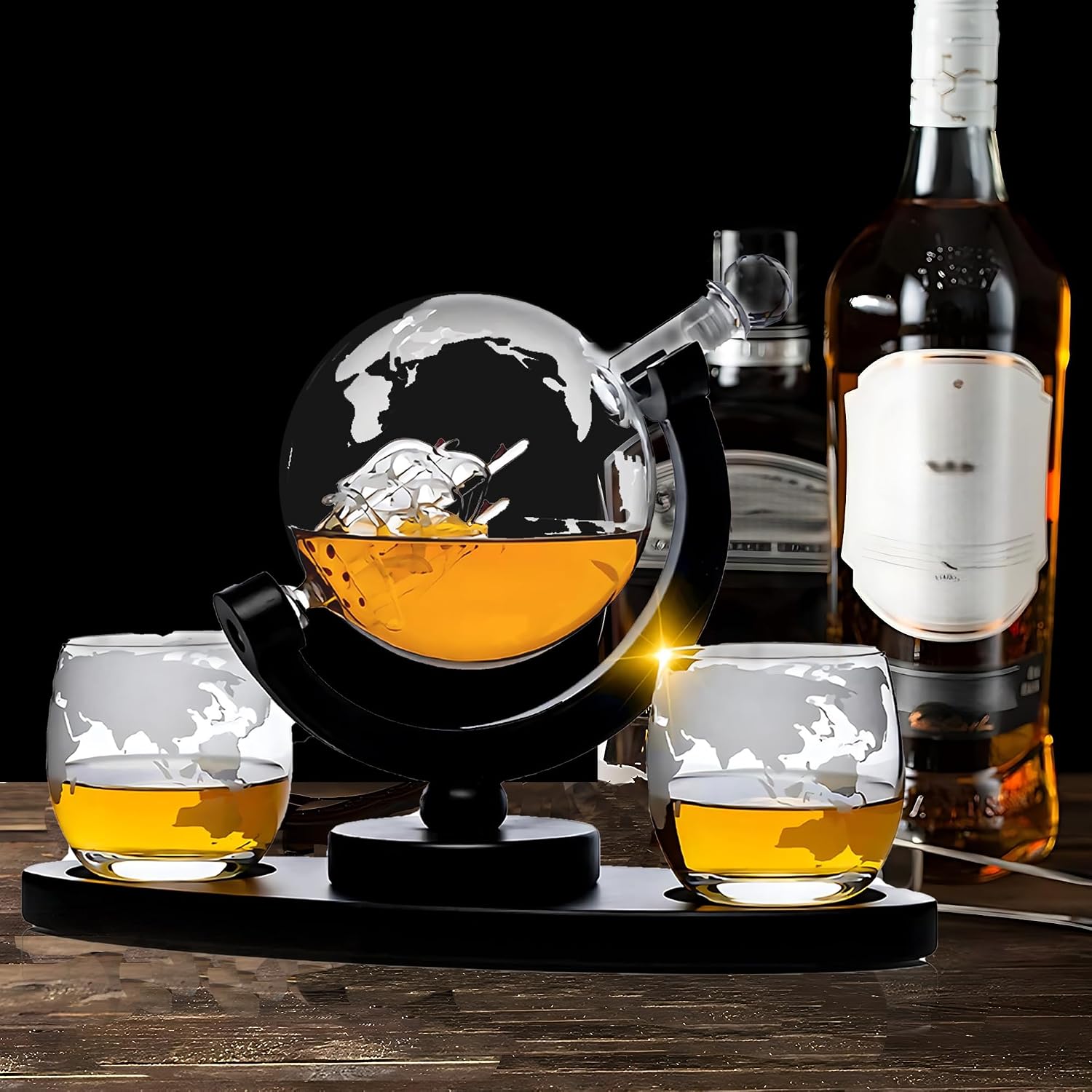 Whiskey Decanter – Elegant Globe Design with Etched World Map, Includes 2 Etched Glasses