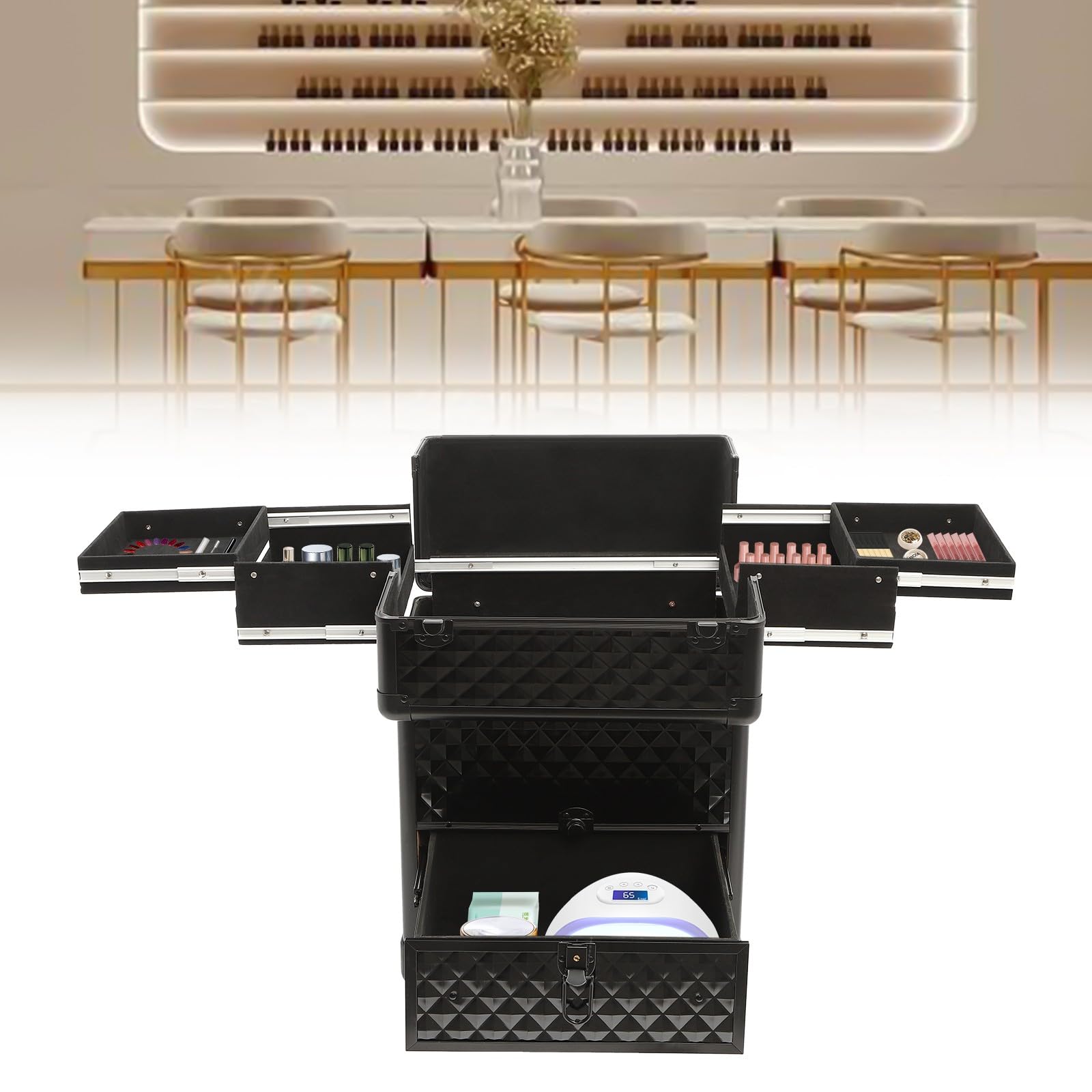Makeup Koffer Kosmetikkoffer Visagistenkoffer Schminkkoffer Friseurkoffer Nagel Koffer Kosmetik Aufbewahrung für Studio und Reisen mit 7 Fächern und 4 Rädern (Schwarz)