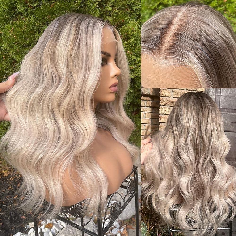 Anisah Ash Blonde Lace Front Wig Human Hair #613 Wavy Highlight 13x4 Lace Frontal Wig with Baby Hair Dark Roots Pre Plucked Wig for Women (20 Inch, lace front wig)