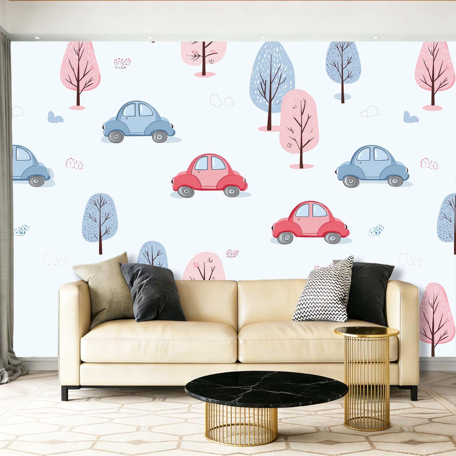 Fototapeta nowoczesna akwarela samochody drzewo tapeta malowidła ścienne jasnoniebieski plakat fotograficzny do sypialni salonu TV ściana 400 x 280 cm