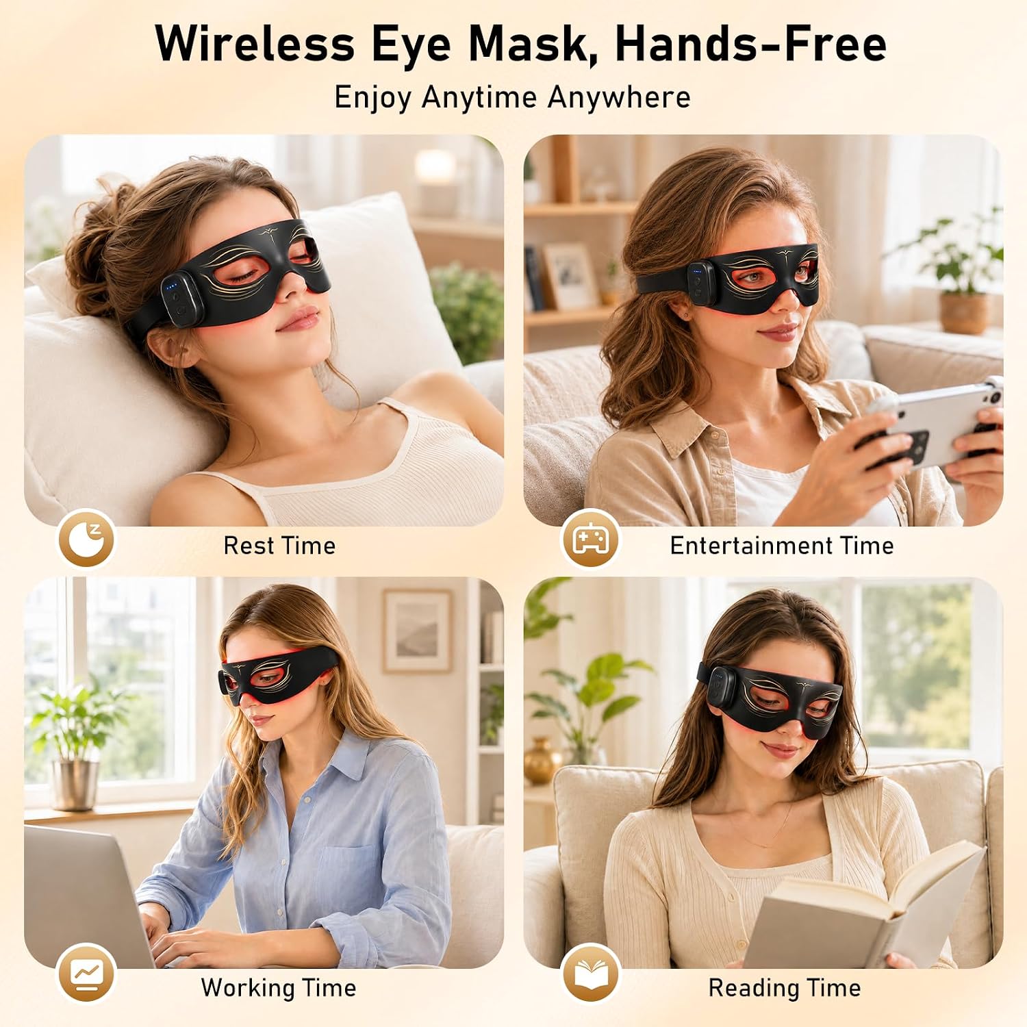 Red Light Therapy for Eyes, Infrared Eye Mask Device with Redlight & NIR LED Beads, Rechargeable RC, Under-Eye Massage for Eye Bag Wrinkles, Forehead Lines, 11's, Crow's Feet, Dark Circles, Black