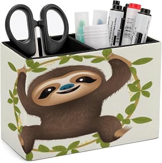 Rectangle Pen Holder Sloth Desk Organizer Pencil Cup | PU Leather Desktop Caddy Container Case with 2 Slots, Stationery Pens Remotes Makeup Brushes Essentials Home Office Supply
