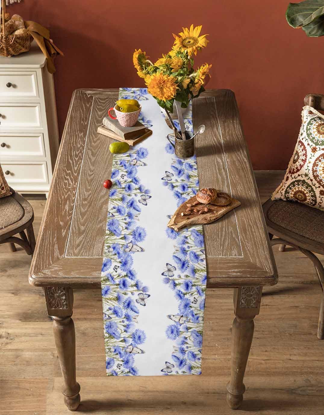 Linen Table Runner, Spring Farmhouse Style Plant Blue Flowers Butterfly Table Runners for Catering Events, Dinner Parties, Wedding, Spring Holiday, Indoor Outdoor Parties - 13x70 inch