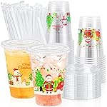 Lamosi 50 Pack 16 oz Christmas Clear Plastic Cups with Lids and Straws, Disposable Snowman Santa Plastic Coffee Cups with Lids for Family Gatherings, Wedding, Parties