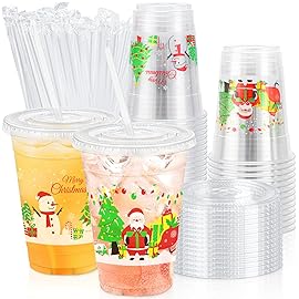 Lamosi 50 Pack 16 oz Christmas Clear Plastic Cups with Lids and Straws, Disposable Snowman Santa Plastic Coffee Cups with Lids for Family Gatherings, Wedding, Parties