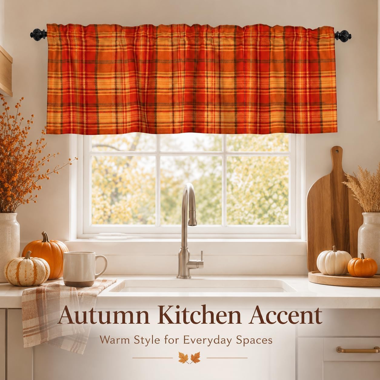 Fall Plaid Window Valance Curtains 54 x 18 Inch, Fall Farmhouse Kitchen Valance Curtain, Orange Tartan Checkered Rod Pocket Short Window Treatment for Bathroom Living Room Bedroom Country Decor
