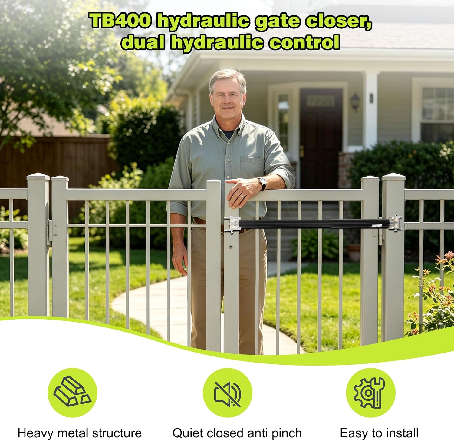 TB400 Heavy Duty Hydraulic Self-Closing Gate Closer, Adjustable Soft Close for Outdoor Fence, Fits 95-195 lb, 44-72 Inch Wide, Ideal for Farm, Ranch, Garden, Pool & Yard