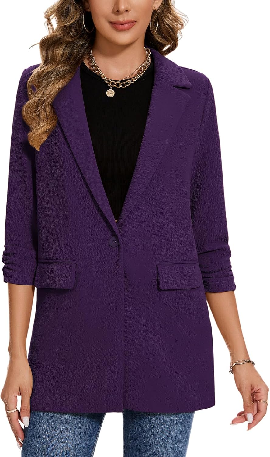 MINTLIMIT Women's Casual Long Blazer 3/4 Ruched Sleeve Lapel Button Front Work Office Blazers Suit Jacket with Pockets