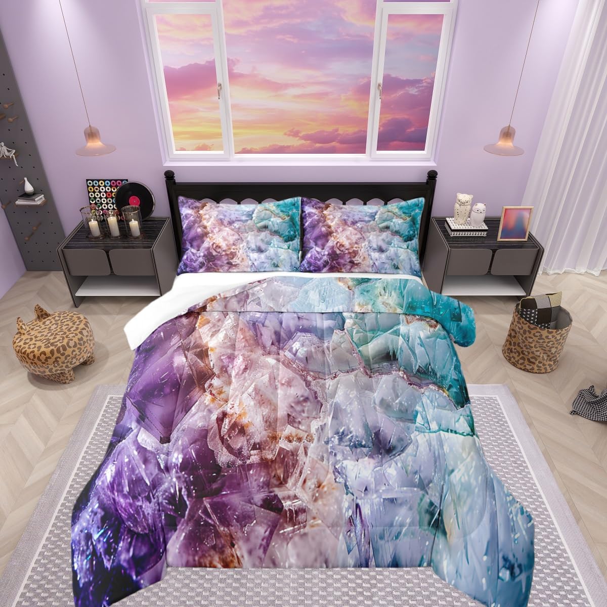Castle Fairy Marble Bedding Set Full Size Purple Marble Aesthetic Comforter Abstract Mabling Comforter Set Purple Teal Duvet Set 3Pcs Quilt Set 1 Comforter Set with 2 Pillowcase