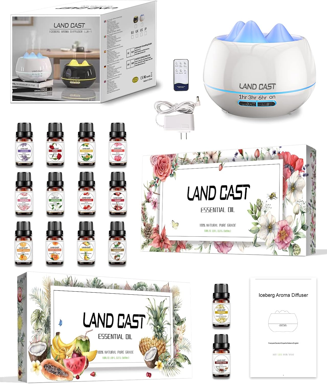 LAND CAST Essential Oil Diffuser Gift Set,500ml Diffuser & Essential Oil Set with 14 Top 10 Essential Oils,Remote Control, Aromatherapy Diffuser Humidifier with 3 Timer for & 14 Light Settings (White)