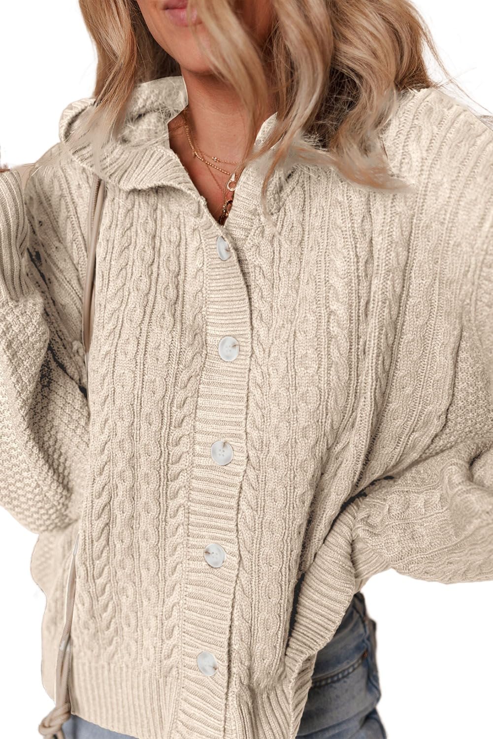 Womens Casaul Texture Hooded Cardigan Long Sleeve V Neck Button Down Open Front Oversized Chunky Knit Sweater