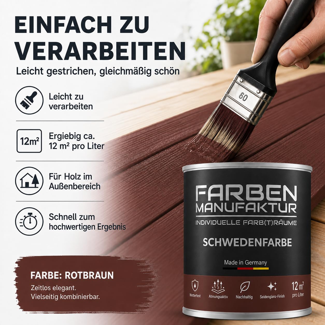 Schwedenfarbe Holzfarbe Außen Wetterfest – Holzschutzfarbe für Fassade, Gartenhaus, Zaun & Scheune – Diffusionsoffen & Nachhaltig Wetterschutzfarbe 5L, Größe: 5L, Farbe: Rotbraun